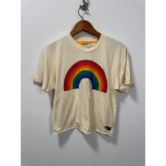 Aviator Nation Rainbow Graphic Cropped T-Shirt Cream Raw Hem Small - Picture 1 of 5